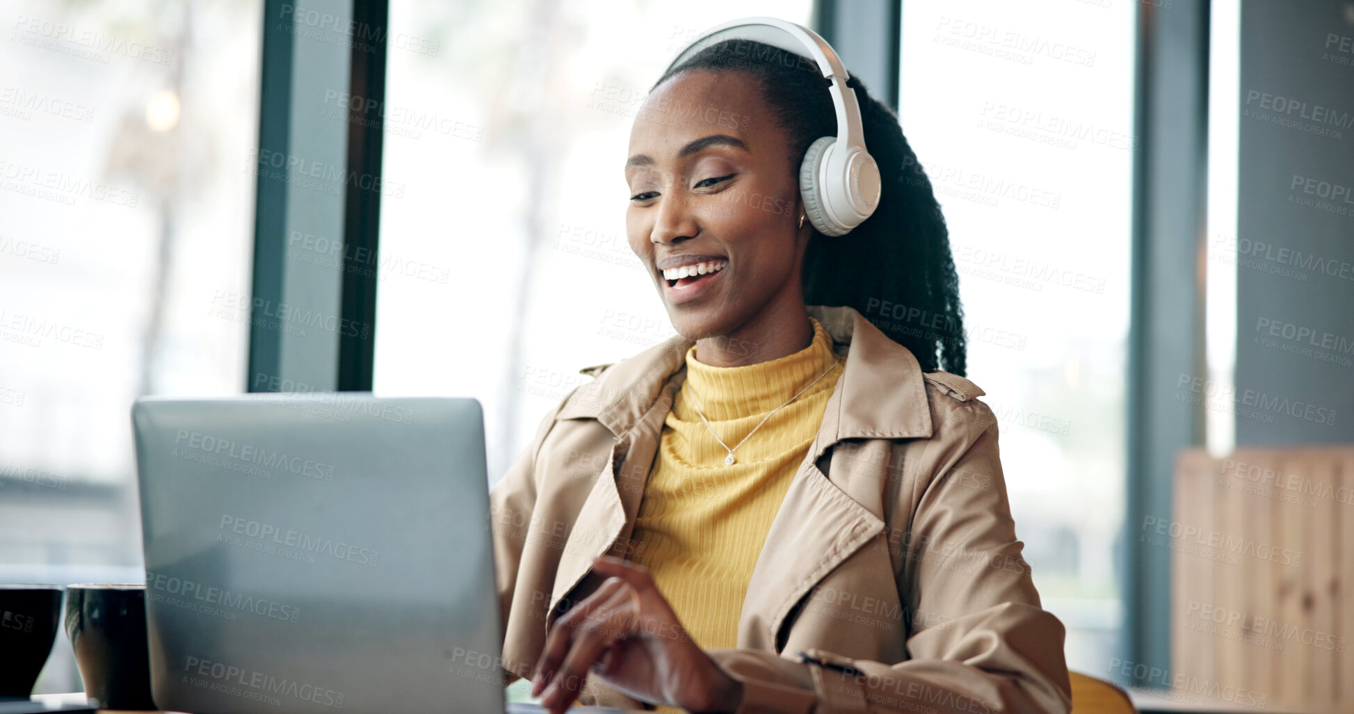 Buy stock photo Headphones, video call and black woman with laptop in office with online meeting for creative project. Happy, audio tech and female magazine editor with virtual discussion on publishing at agency.