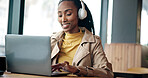 Headphones, typing and black woman with laptop in office with listening to music for creative project. Research, audio tech and magazine editor with playlist for ideas on article with publishing.
