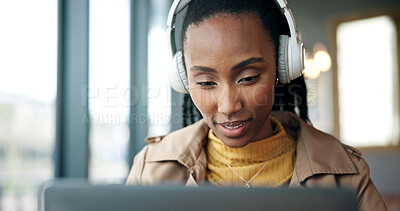 Buy stock photo Headphones, research and black woman with laptop in office for creative project with music. Reading, audio tech and African female magazine editor with online article for publishing in workplace.