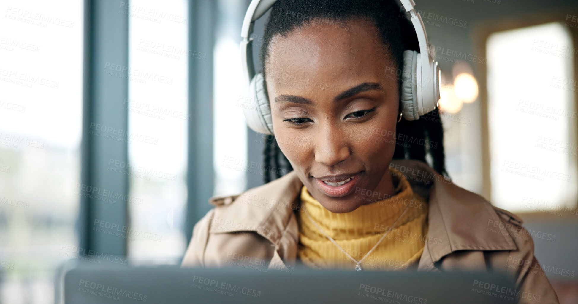 Buy stock photo Headphones, research and black woman with laptop in office for creative project with music. Reading, audio tech and African female magazine editor with online article for publishing in workplace.