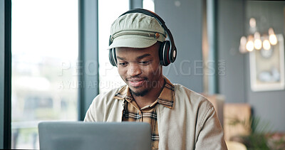 Buy stock photo Headphones, research and black man with laptop in office for creative project with music. Reading, audio tech and African male magazine editor with playlist on article with publishing in workplace.