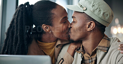 Buy stock photo Happy, laptop and black couple with kiss in cafe for romance, date or affection together. Man, woman or intimacy with love, care or smile for commitment, tech or romantic embrace in coffee shop