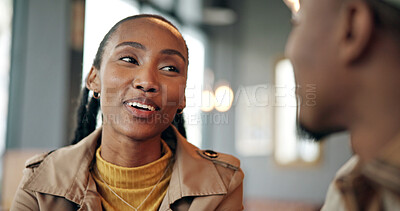 Buy stock photo Black woman, conversation and couple on happy date, chat or story with communication for trust. Support, care and love with person and partner for bonding, talking and healthy relationship at cafe