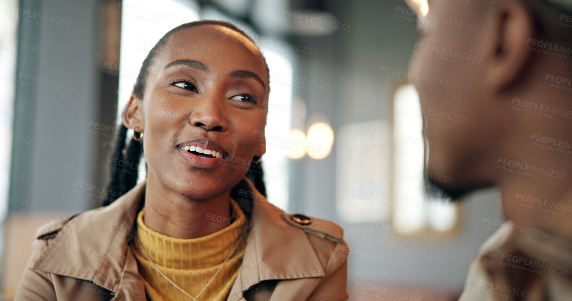 Buy stock photo Black woman, conversation and couple on happy date, chat or story with communication for trust. Support, care and love with person and partner for bonding, talking and healthy relationship at cafe