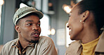 Black couple, conversation and happy together on date, chat or story with communication for trust. Support, care and love with man and woman for bonding, talking and healthy relationship with smile