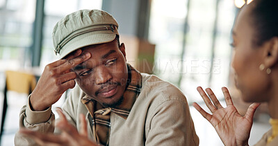 Buy stock photo Frustrated, fight and black couple with conflict in cafe for dispute, disagreement or confrontation. Upset, man or woman shouting with anger for argument, cheating affair or confession in coffee shop