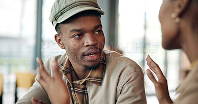 Buy stock photo Fight, argument or black couple with conflict in cafe for dispute, disagreement or confrontation. Frustrated, man or woman shouting with anger for toxic relationship or cheating affair in coffee shop