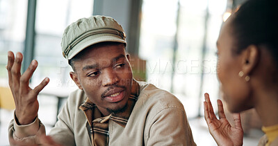 Buy stock photo Upset, fight and black couple with conflict in cafe for dispute, disagreement or confrontation. Frustrated, man or woman shouting with anger for argument, toxic relationship or affair in coffee shop