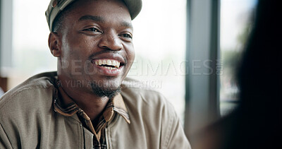 Buy stock photo Smile, black man and date at cafe with couple, discussion and bonding together on anniversary. Happy, person and people at coffee shop with love, healthy relationship and connection for commitment