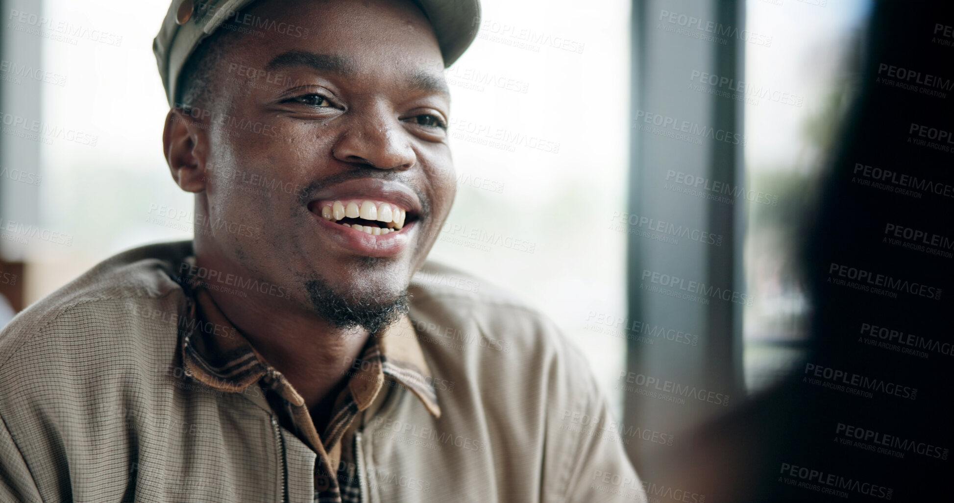 Buy stock photo Smile, black man and date at cafe with couple, discussion and bonding together on anniversary. Happy, person and people at coffee shop with love, healthy relationship and connection for commitment
