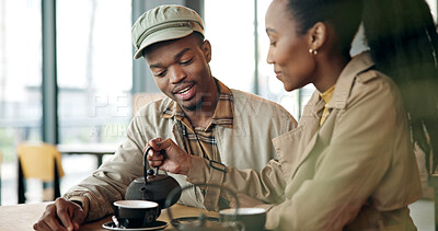 Buy stock photo Care, black couple and pour coffee at cafe with support, commitment and bonding on break. Serving drink, man and woman in shop to relax with love for connection, trust and date with hospitality