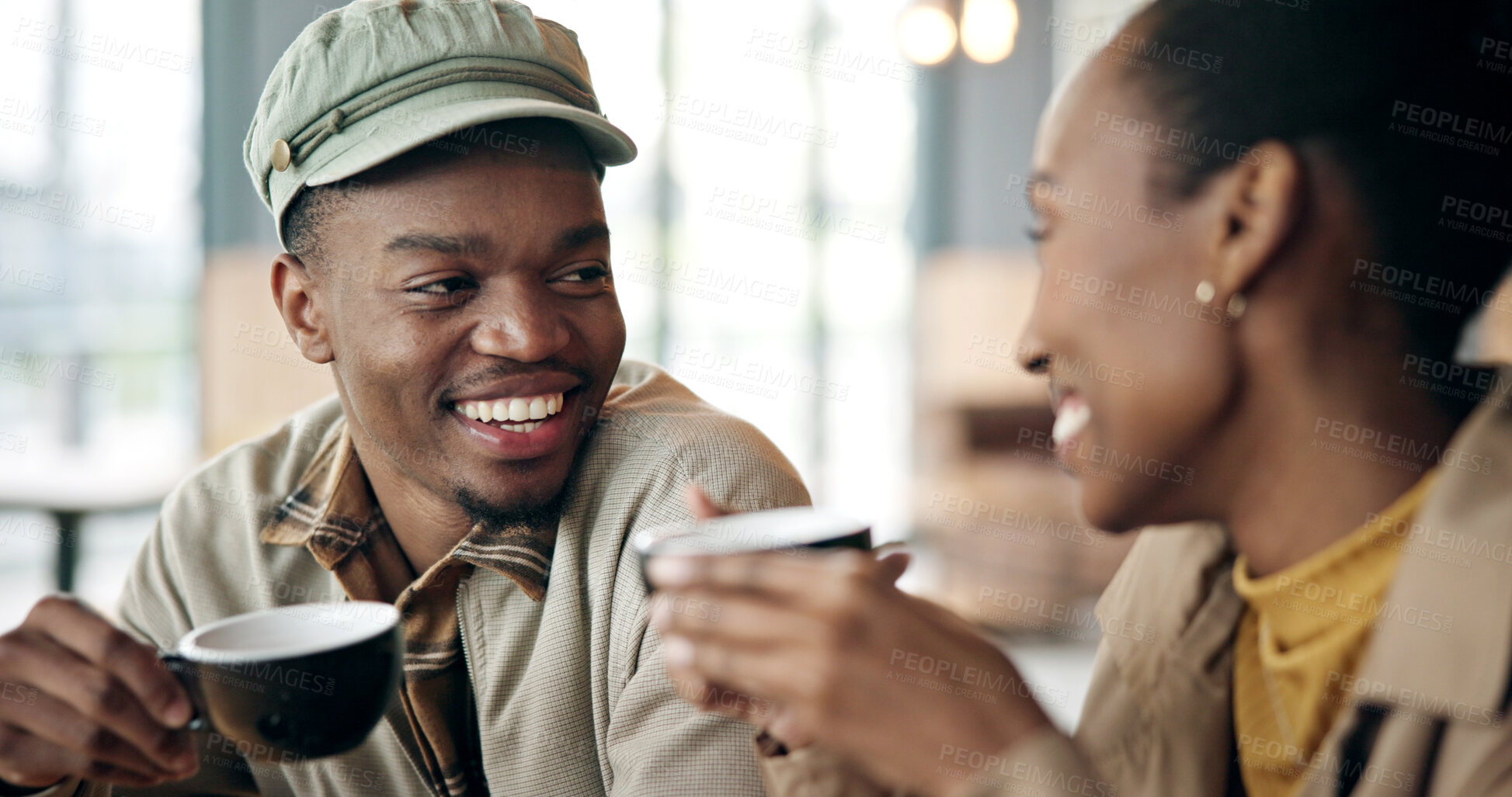 Buy stock photo Smile, couple and talking with coffee on date, love and admiration for bonding together. Happy, black people and relax at restaurant with beverage, healthy relationship and connection for commitment