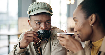 Buy stock photo Love, black couple and drink coffee at cafe with support, commitment and bonding together on break. Beverage, man and woman in shop to relax with care for connection, trust and date with happiness