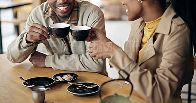 Buy stock photo Smile, conversation and couple in cafe on date together for love, communication or anniversary. Connection, care or romantic people bonding in coffee shop for discussion, support and gratitude