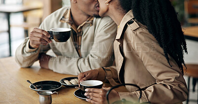 Buy stock photo Couple, relax and coffee at cafe with kiss, love and partner affection for bonding together. Black people, romance and care at store with beverage, healthy relationship and connection for commitment