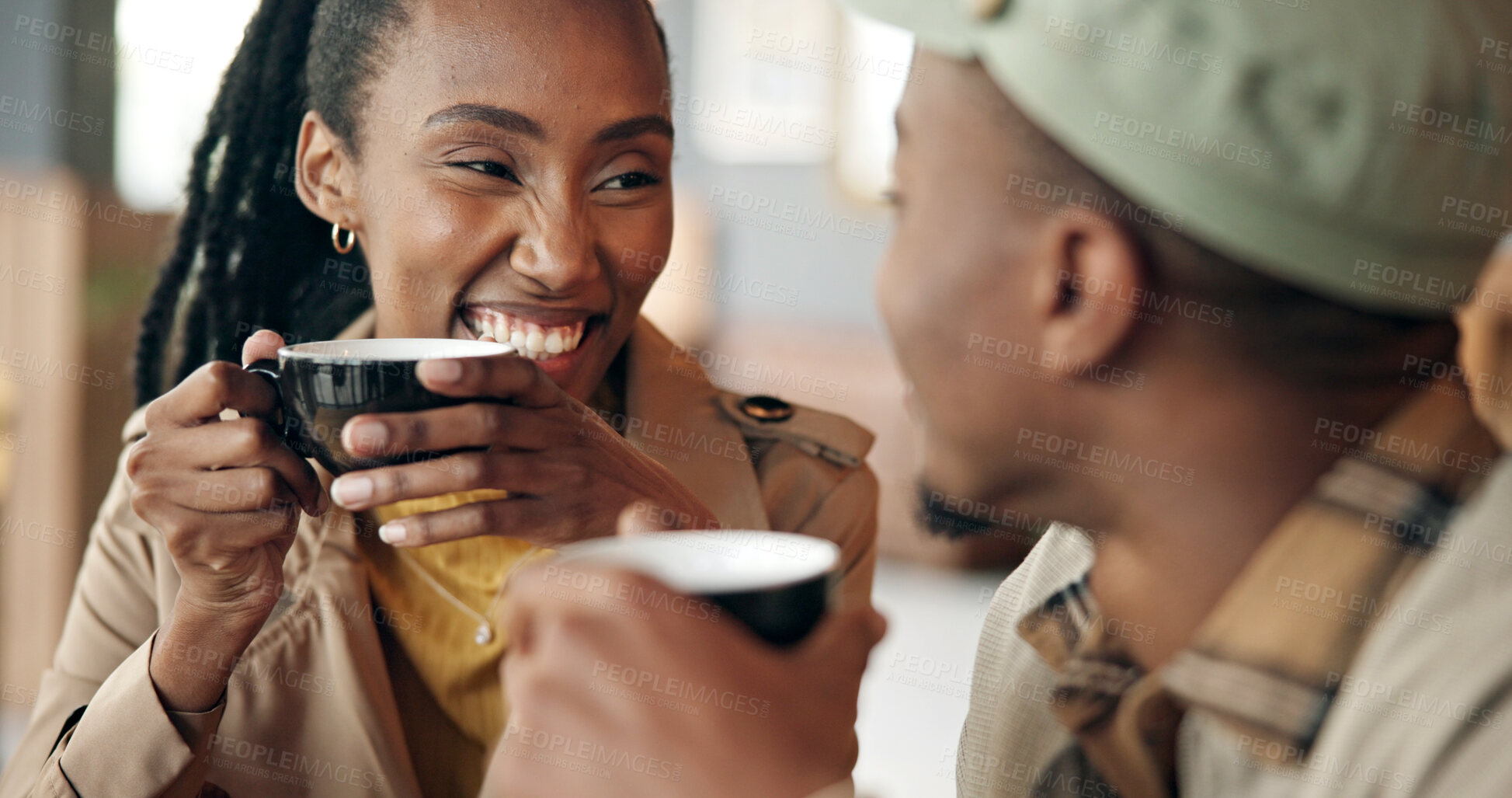 Buy stock photo Care, black couple and drink coffee at cafe with support, commitment and bonding together on break. Beverage, man and woman in shop to relax with love for connection, trust and date with happiness