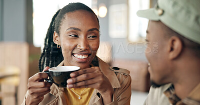 Buy stock photo Happy, couple and talking with coffee on date, love and admiration for bonding together. Smile, black people and relax at restaurant with beverage, healthy relationship and connection for commitment