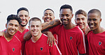 Smile, athlete and people outdoor for soccer, fitness and match practice for competition. Portrait, men and confidence in nature for football, exercise and training for sports tournament with team


