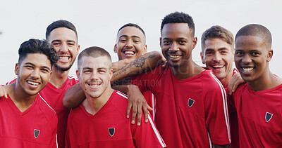 Buy stock photo Smile, athlete and people outdoor for soccer, fitness and match practice for competition. Portrait, men and confidence in nature for football, exercise and training for sports tournament with team

