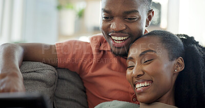 Buy stock photo Laughing, couple and relax with tablet on couch, entertainment and streaming film with subscription. Black people, online and happy with partner in home, bonding and watching funny movie with tech