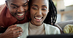 Couple, online and laughing with tablet on couch, entertainment and streaming film with subscription. Happy, black people and relax with partner in home, bonding and watching funny movie with tech