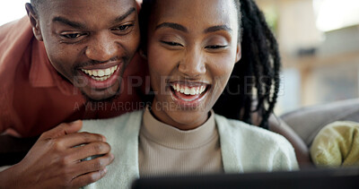 Buy stock photo Couple, online and laughing with tablet on couch, entertainment and streaming film with subscription. Happy, black people and relax with partner in home, bonding and watching funny movie with tech
