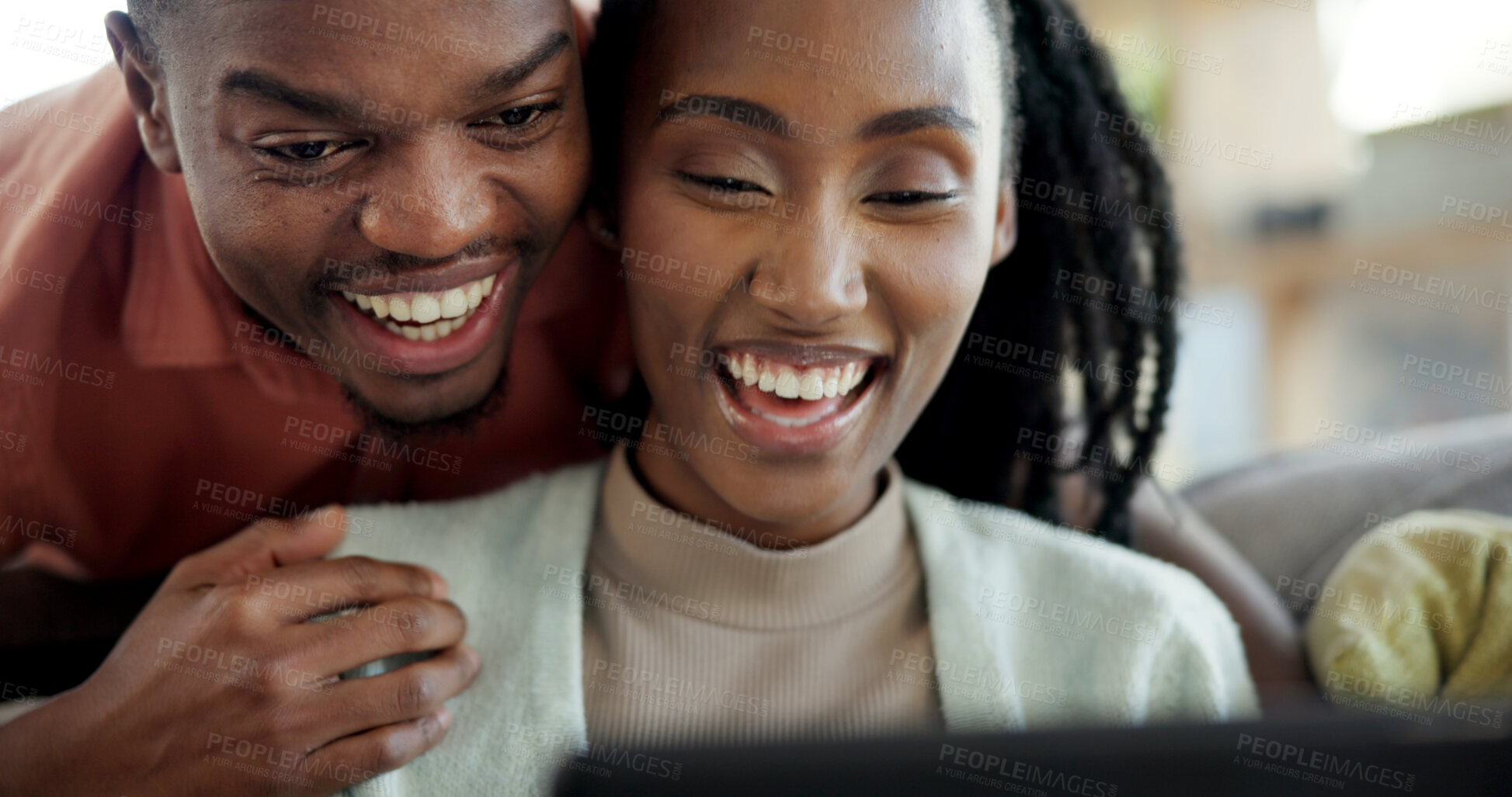 Buy stock photo Couple, online and laughing with tablet on couch, entertainment and streaming film with subscription. Happy, black people and relax with partner in home, bonding and watching funny movie with tech
