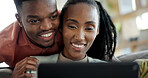 Couple, smile and relax with tablet on couch, entertainment or streaming video with app subscription. Black people, online and happy with partner in lounge, bonding and watch movie with tech in home