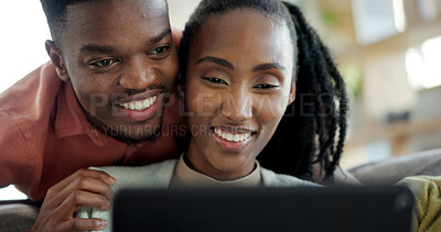 Buy stock photo Couple, smile and relax with tablet on couch, entertainment or streaming video with app subscription. Black people, online and happy with partner in lounge, bonding and watch movie with tech in home