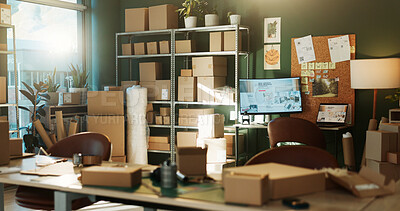 Buy stock photo Empty, office and boxes with desk for logistics, supply chain and distribution for small business. Startup, background and workplace with packages on shelves for courier, delivery and inventory