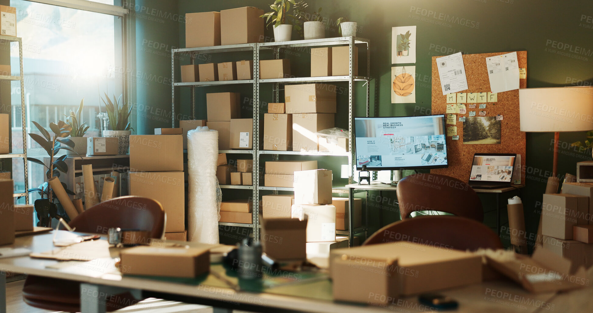 Buy stock photo Empty, office and boxes with desk for logistics, supply chain and distribution for small business. Startup, background and workplace with packages on shelves for courier, delivery and inventory