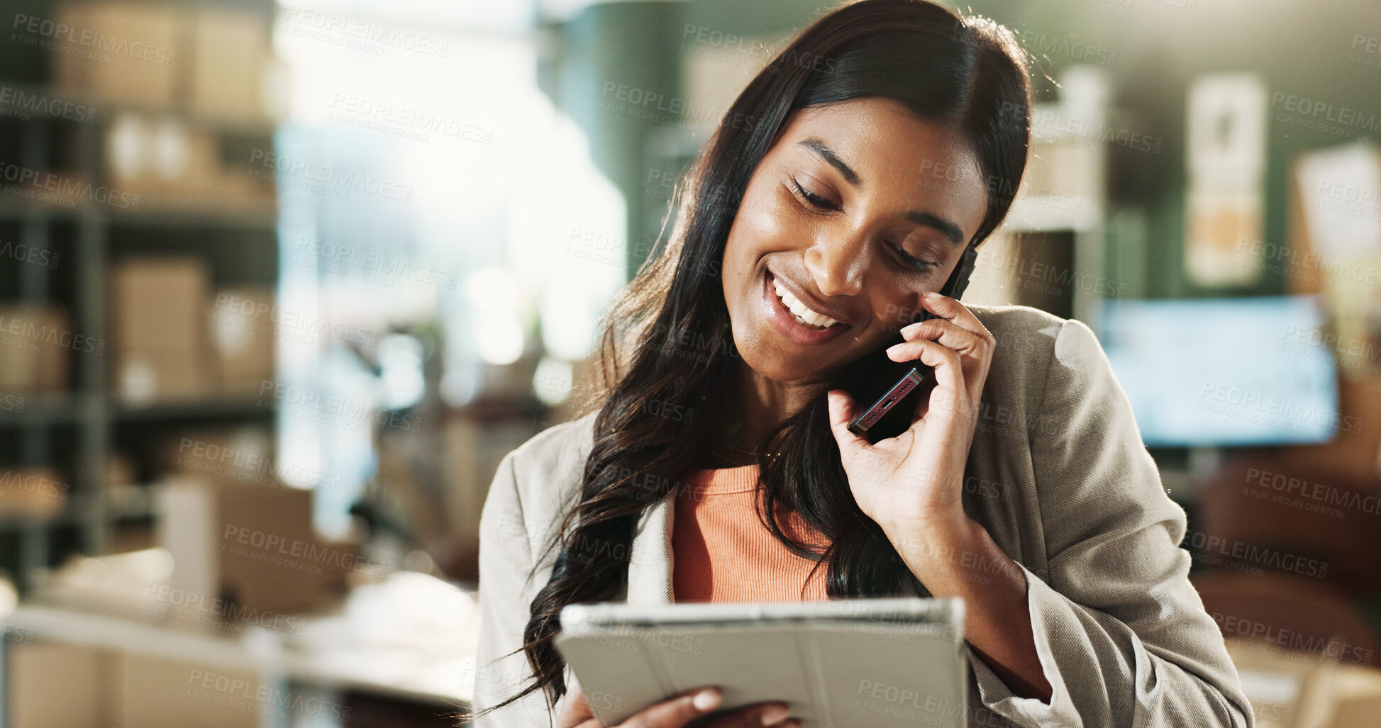 Buy stock photo Startup, woman and tablet with phone call in logistics for delivery quote, pricing enquiry or happy. Small business, owner and contact courier for shipping rate negotiation, route details and update
