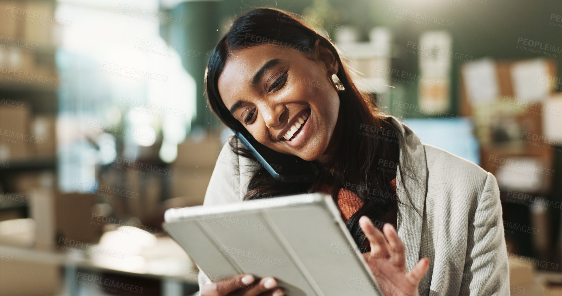 Buy stock photo Startup, woman and tablet with phone call in shipping for delivery schedule, confirm route or happy. Small business, owner and contact courier for logistics rate negotiation, booking load and update