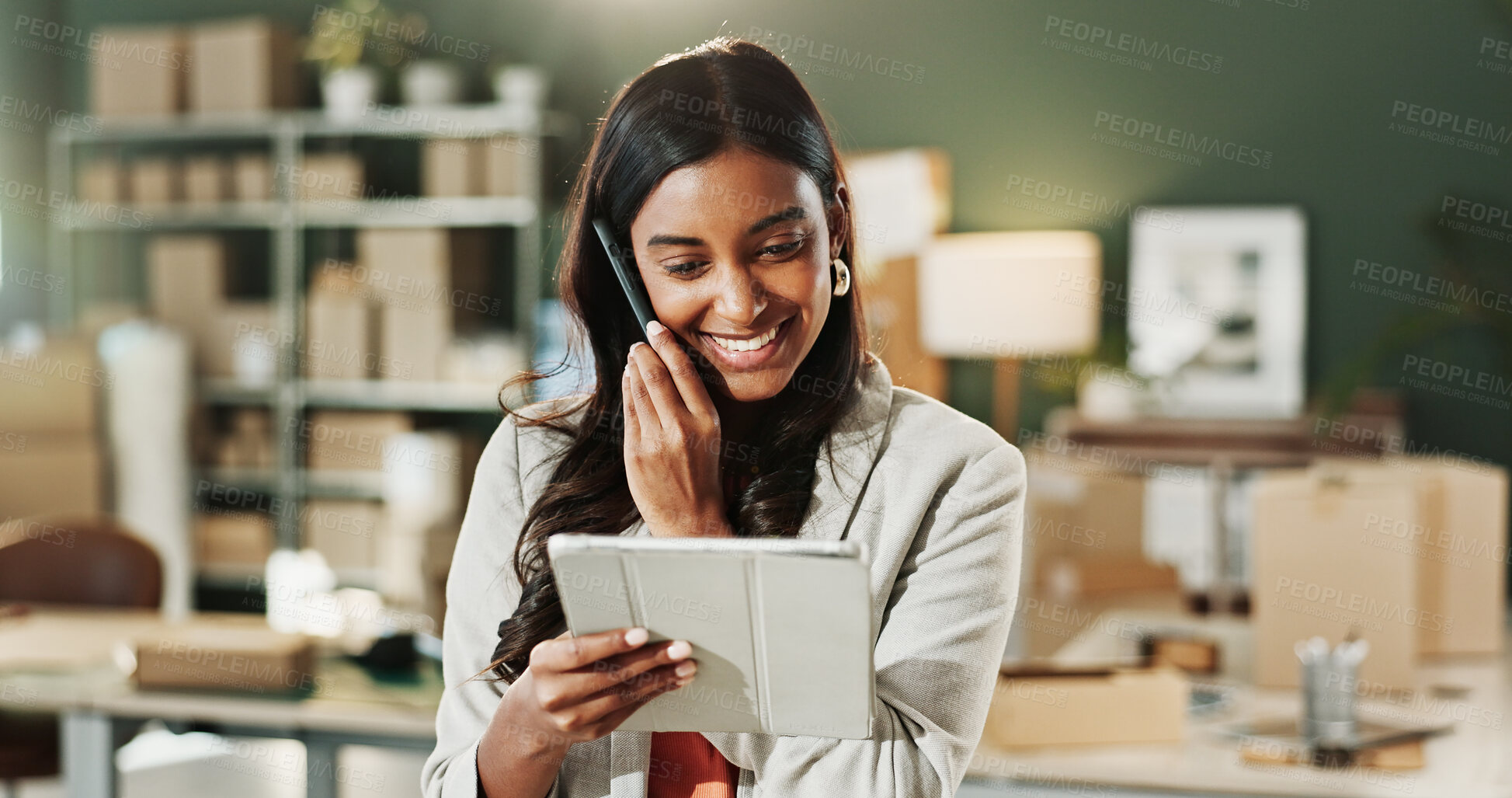 Buy stock photo Small business, woman and tablet with phone call in logistics for delivery quote, book load or happy. Startup, owner and contact supplier for shipping rate negotiation, tracking update and ecommerce