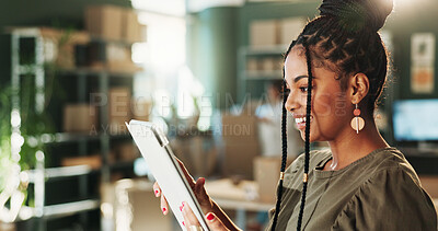 Buy stock photo Fashion, logistics and black woman on tablet in office for shipping, supply chain and distribution. Small business, startup and person on tech for supplier service, delivery and online inventory