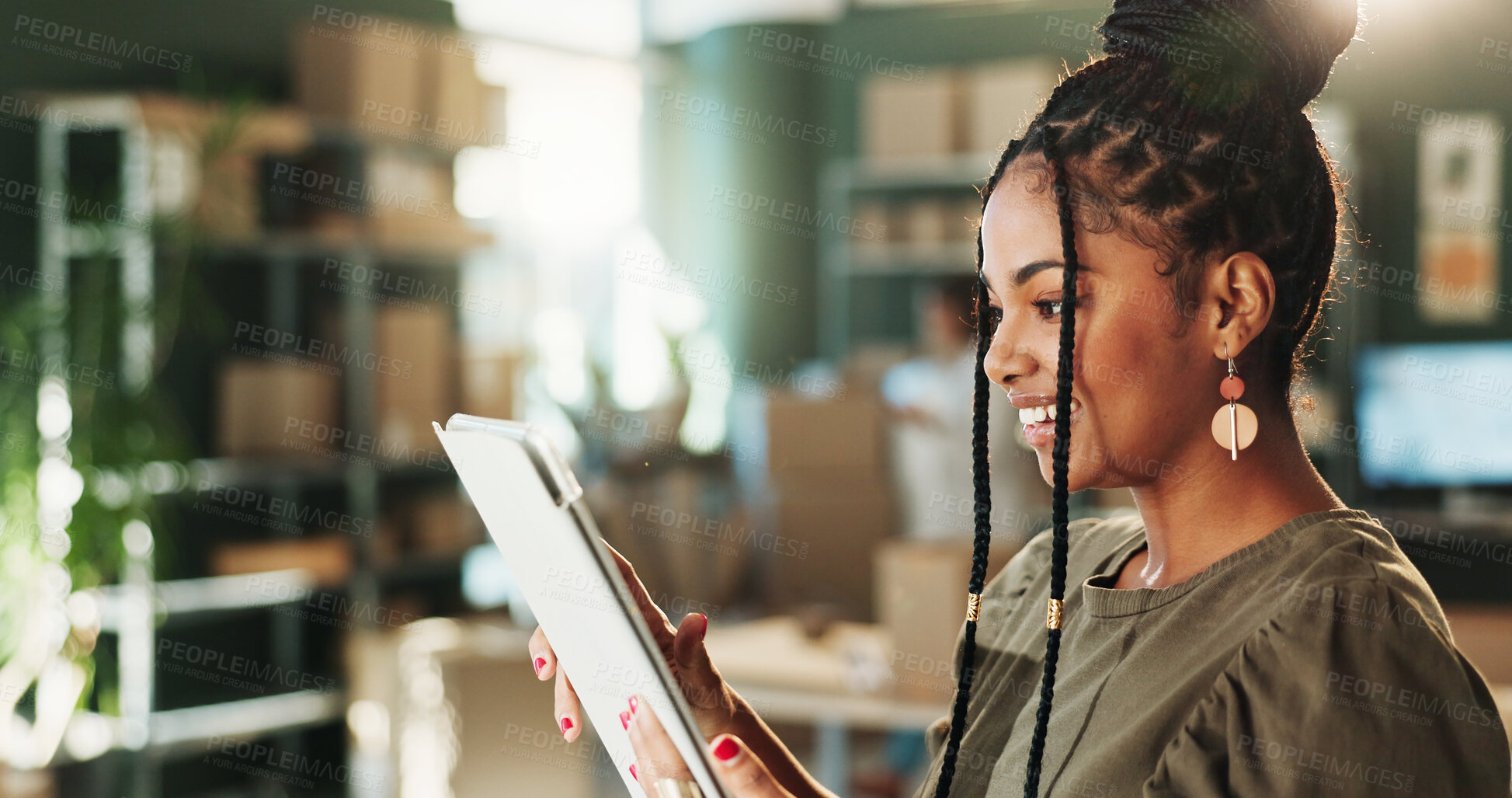 Buy stock photo Fashion, logistics and black woman on tablet in office for shipping, supply chain and distribution. Small business, startup and person on tech for supplier service, delivery and online inventory