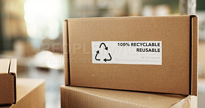 Buy stock photo Empty, office and box on desk for shipping, supply chain and distribution for small business. Recycle, background and workplace with eco friendly package for courier, delivery and logistics inventory