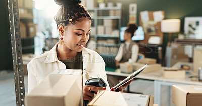 Buy stock photo Woman, tablet or scan box in workplace for inventory check, ecommerce or pricing at boutique. Tech, package and person with barcode for information, distribution tracking or app for shipping schedule