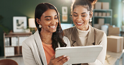 Buy stock photo Fashion, logistics and woman on tablet in discussion for shipping schedule, supply chain and distribution. Small business, team and people on tech for supplier service, delivery and inventory update