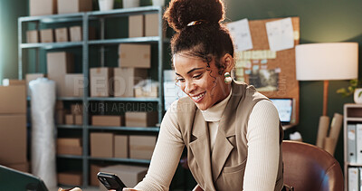 Buy stock photo Small business, woman or smile with phone in shipping for online order, track delivery or email. Startup, happy owner or tech for dropshipping courier quote, reading positive reviews or client update