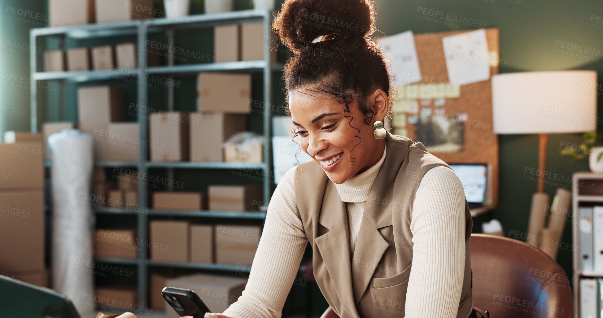 Buy stock photo Small business, woman or smile with phone in shipping for online order, track delivery or email. Startup, happy owner or tech for dropshipping courier quote, reading positive reviews or client update