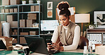 Small business, woman or laptop with phone in logistics to track shipment, customer update or email. Startup, happy owner and tech for delivery invoice review, online order or reading website reviews