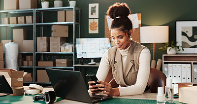 Buy stock photo Small business, woman or laptop with phone in logistics to track shipment, customer update or email. Startup, happy owner and tech for delivery invoice review, online order or reading website reviews