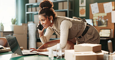Buy stock photo Small business, woman and laptop with phone call in logistics for delivery quote, pricing or happy. Startup, owner and mobile chat for shipping rate negotiation, tracking shipment and customer update