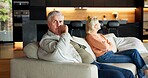 Man, ignore and senior couple in conflict for infidelity, silent treatment and thinking of divorce. Fight, pensioner and contemplating marriage in home for cheating, betrayal and unresolved conflict