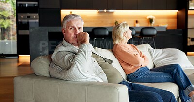 Buy stock photo Man, ignore and senior couple in conflict for infidelity, silent treatment and thinking of divorce. Fight, pensioner and contemplating marriage in home for cheating, betrayal and unresolved dispute