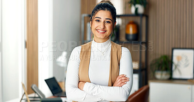 Buy stock photo Creative, portrait and woman in home office with arms crossed for talent agent, about us and opportunity. Freelancer, influencer marketing and person with pride for smile, confidence or ad campaign