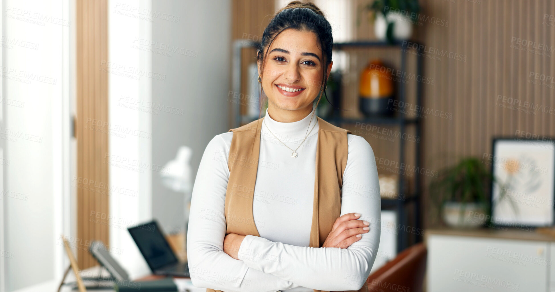 Buy stock photo Creative, portrait and woman in home office with arms crossed for talent agent, about us and opportunity. Freelancer, influencer marketing and person with pride for smile, confidence or ad campaign