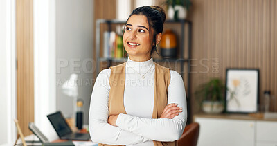Buy stock photo Smile, thinking and woman in home office with arms crossed for talent agent, about us and opportunity. Freelancer, influencer marketing and person with pride for idea, confidence or ad campaign