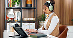 Woman, headphones and accountant with laptop, online and financial report on web or budget analysis. Office, typing and person with tech for music, paperwork and bookkeeper with graphs for data entry